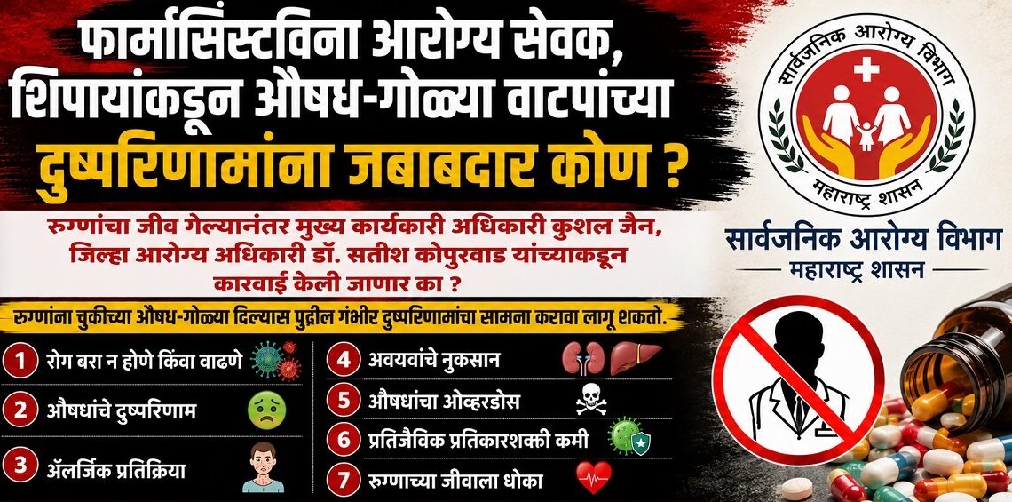 फार्मासिस्टविना आरोग्य सेवक, शिपायांकडून औषध-गोळ्या वाटपांच्या दुष्परिणामांना जबाबदार कोण ? Whos responsible for the adverse consequences of medicines & pills being distributed by health workers in the absence of a pharmacist