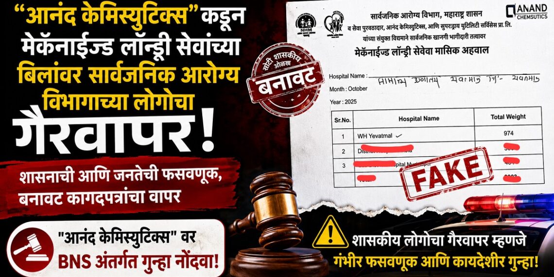 "आनंद केमिस्युटिक्स"कडून मेकॅनाईज्ड लॉन्ड्री सेवांच्या बिलांवर सार्वजनिक आरोग्य विभागाच्या लोगोचा गैरवापर "आनंद केमिस्युटिक्स"कडून मेकॅनाईज्ड लॉन्ड्री सेवांच्या बिलांवर सार्वजनिक आरोग्य विभागाच्या लोगोचा गैरवापर Misuse of the Public Health Departments logo on bills for mechanized laundry services by Anand Chemisutics