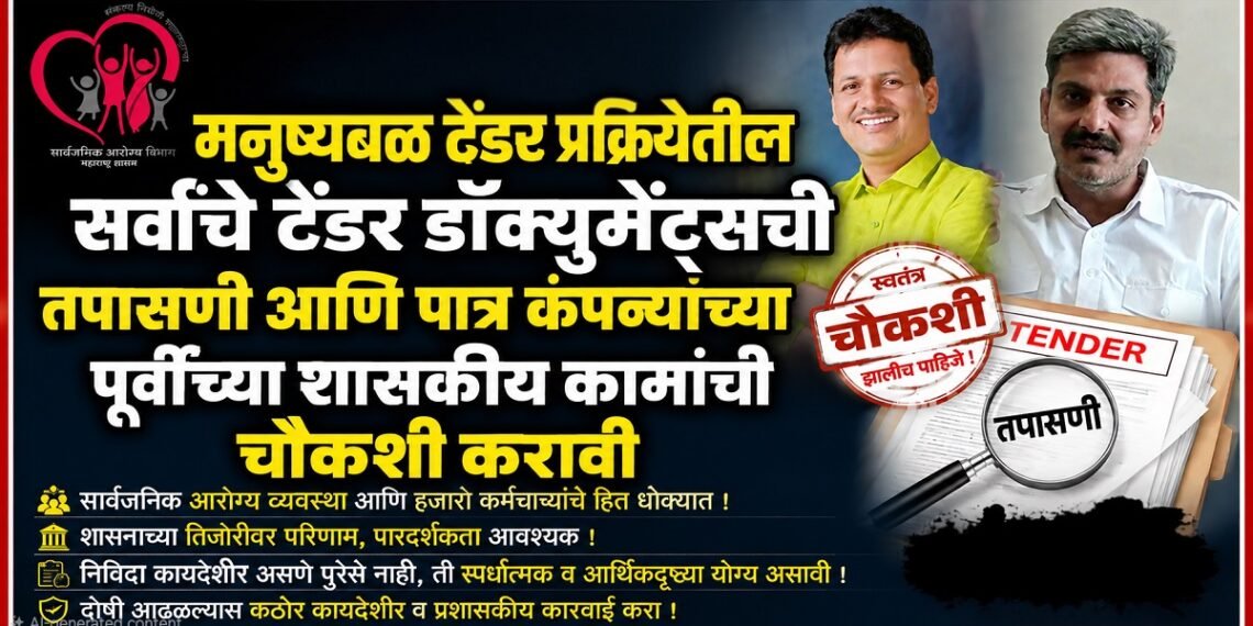 मनुष्यबळ टेंडर प्रक्रीयेतील सर्वांचे टेंडर डॉक्युमेंट्सची तपासणी आणि पात्र कंपन्यांच्या पूर्वीच्या शासकीय कामांची चौकशी करावी tender documents of all participants in the manpower tender process should be scrutinized & inquiries should be